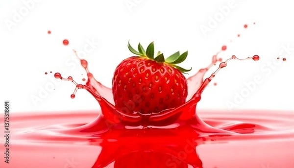 Fototapeta A vibrant, high-resolution studio shot captures a single, ripe strawberry as it makes a splash into a pool of red liquid, likely juice or water