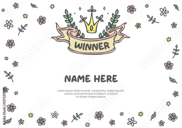 Fototapeta Kids children girl  winner champion certificate background with ribbon banner and floral flower frame border for competition event print template layout design