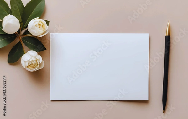 Obraz White blank invitation card mockup on the beige table. 5x7 ratio, similar to A6, A5
