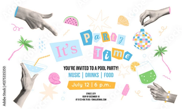 Obraz Party time banner in collage style. Summer cocktail weekend invitation template with halftone hands, drinks, hand drawn exotic elements. Vacation, summertime holiday event. Vector illustration.