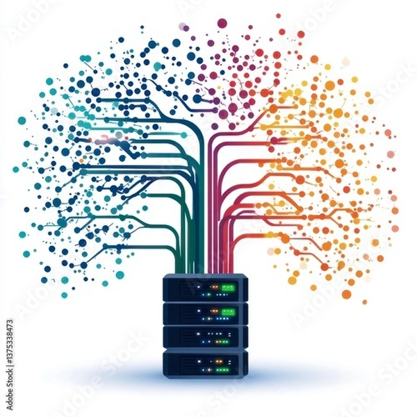 Fototapeta Abstract illustration of data streams resembling a tree growing from a server rack, showcasing vibrant color palettes and digital connectivity.
