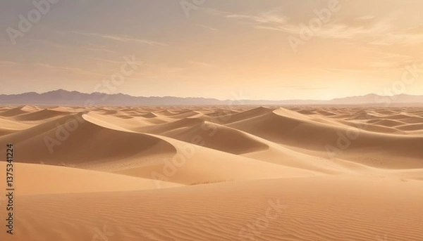 Fototapeta A digital illustration of a vast desert landscape, featuring rolling sand dunes under a bright, almost bleached-out sky