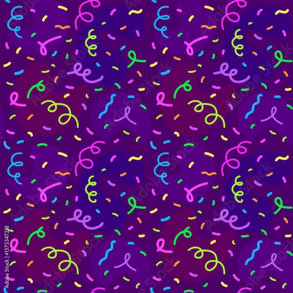 Obraz Celebration party seamless vector pattern,  purple background with colorful confetti