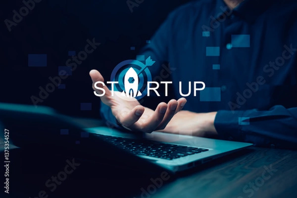 Fototapeta Startup business concept. Strategic planning and business success. Businessman touch rocket launch investment growth, Business growth and performance analytics