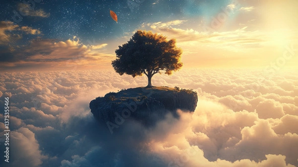 Fototapeta A tree on top of the cliff, floating in clouds and sky with stars, fantasy world view, dreamy colors, fantastic scenery, surrealistic style