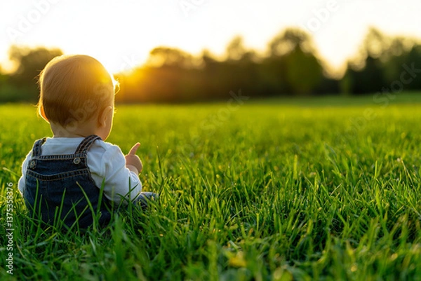 Fototapeta baby girl sitting on green grass, enjoying sunset in serene outdoor setting. warm sunlight creates peaceful atmosphere, highlighting her joyful expression