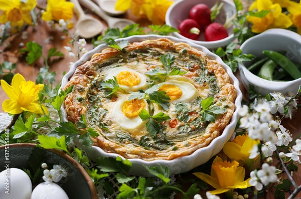 Fototapeta Easter quiche, tart with boiled eggs, vegetables and herbs in a casserole dish, close up view.  Easter food concept