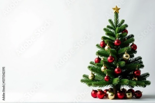 Fototapeta Evergreen Christmas fir tree with ornaments and lights on white background, peaceful ambiance, merry atmosphere, holiday decor