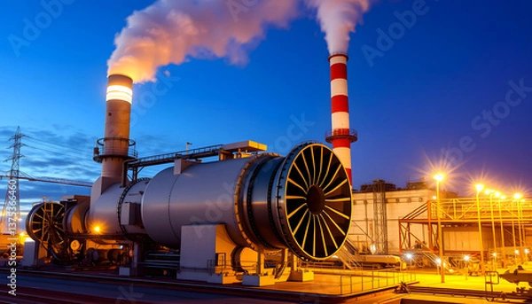 Fototapeta Gas turbine electrical power plant with in Twilight power for factory energy concept , with white tonespng