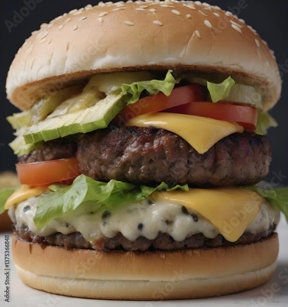 Obraz Double Cheeseburger with Fresh Vegetables on Black Background