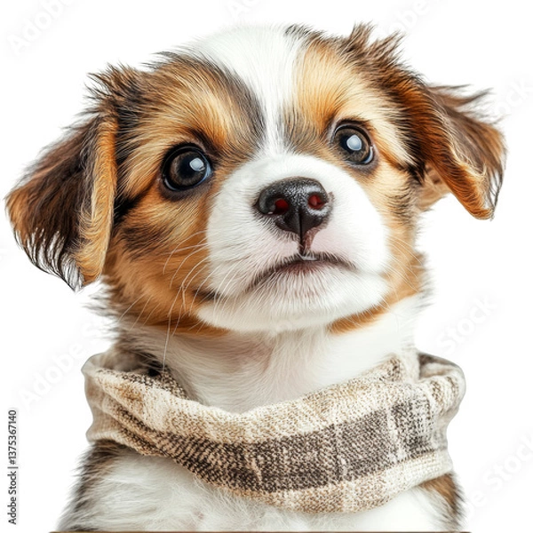 Fototapeta A cute brown and white dog with a scarf around its neck