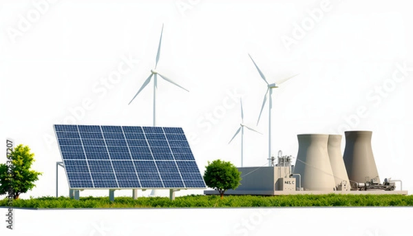 Fototapeta Clean energy generated by solar panels station and windmills versus conventional energy with fuel coal power plant , with white tonespng