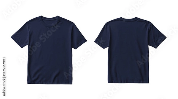 Fototapeta Flat lay of a navy blue t-shirt mockup, front and back view on a white background
