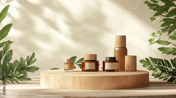 Fototapeta Natural beauty products displayed on wooden podium surrounded by lush green leaves create serene and inviting atmosphere. elegant design highlights essence of skincare