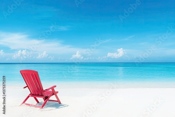 Fototapeta A solitary red Adirondack chair on a pristine beach, inviting relaxation under a vibrant blue sky with gentle ocean waves.
