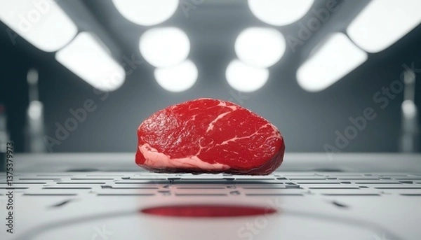 Fototapeta Lab grown steak glossy red meat piece under laboratory lights 3D illustration. Artificial meat creation.