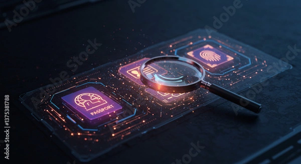 Obraz Unveiling digital identities: a passport and fingerprint under scrutiny, glowing with futuristic technology and dark hues.