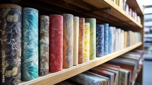 Fototapeta Colorful rolls of wallpaper on wooden shelf in modern store display