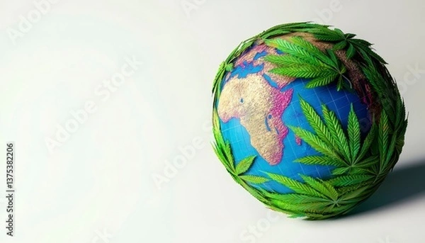 Fototapeta Close up view of a globe wrapped in cannabis leaves depicting the global impact of medical cannabis. World health plant impact.