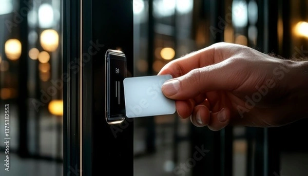 Fototapeta Close up of a keycard being used to unlock a modern glass door representing secure entry and high tech building access security innovation concept. Smart card unlocks modern entry secure