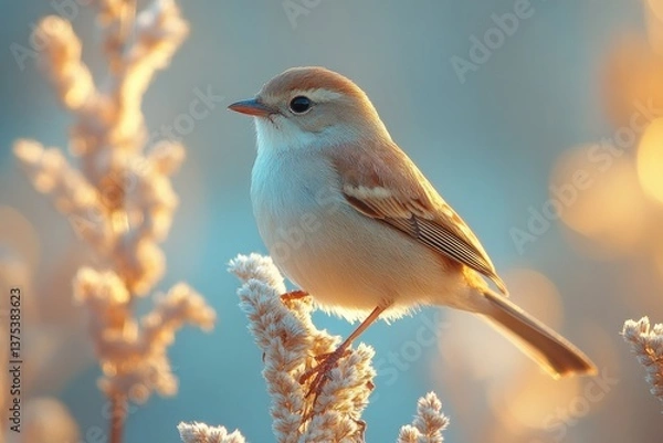 Fototapeta Reed Warbler Bird with Insect Prey in Beak Perched on Reed During Golden Hour