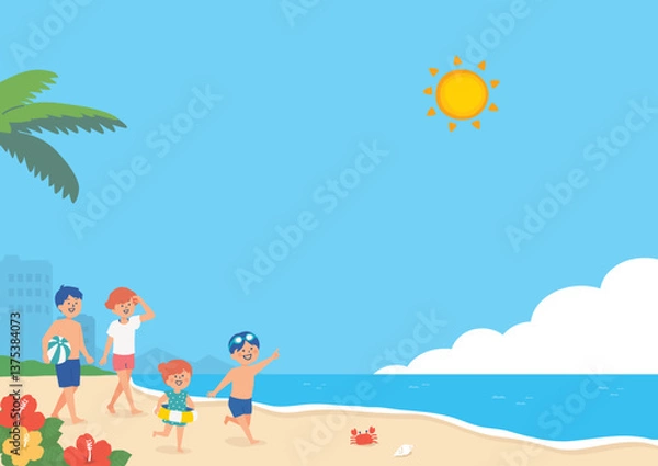 Fototapeta 夏のビーチと家族の背景イラスト
