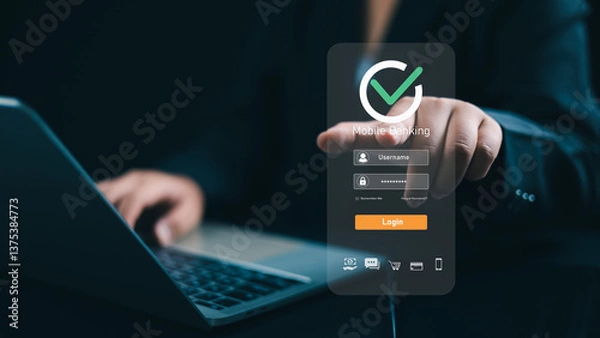 Fototapeta E-Banking, Smart fintech service, Payment online, Finance innovation technology online, Business Women use computer connecting online Banking applications, Cyber security financial and investment.