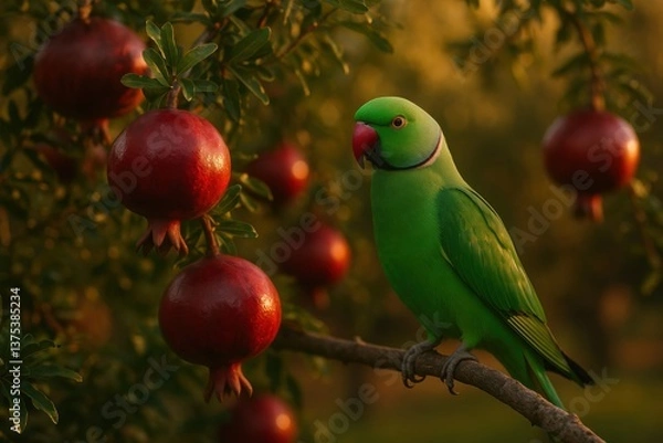 Obraz Indian ringneck parakeet sitting quietly on branch near ripe pomegranates in orchard

