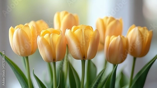 Fototapeta Yellow Tulips Close Up Botanical Illustration Soft Studio Light Isolated on White Background Spring Bouquet