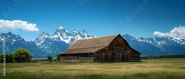 Fototapeta A picturesque rural scene featuring a traditional wooden barn with a pitched roof nestled in a grassy field set against a backdrop of snow capped mountains under a clear blue sky with a dramatic