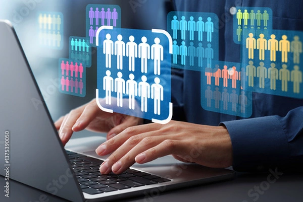 Fototapeta Target market or audience. Marketing segmentation strategy and analysis. Marketer using laptop computer to research customer data.