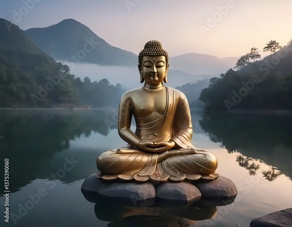 Fototapeta A serene Buddha statue at misty sunset surrounded by calm lake, lush greenery and mountains in the distance, backgrounds, mindfullness, relaxation