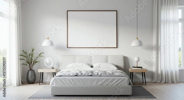 Obraz Serene sanctuary: A minimalist bedroom design featuring a plush bed, soft lighting, and an empty canvas ready to display your personal touch, all bathed in calm, natural light.