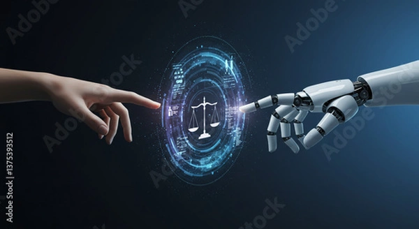 Fototapeta Human and AI hand reaching towards a digital justice symbol, signifying collaboration in a futuristic legal landscape with glowing blue technology.