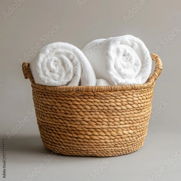 Obraz Rolled White Towels in Wicker Basket Clean Laundry and Soft Texture