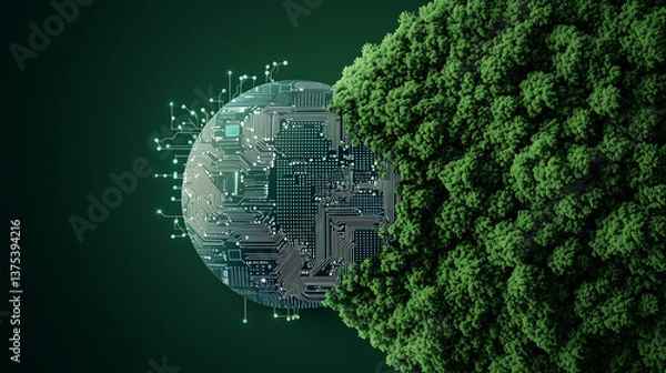 Obraz Green Tech Evolution: A thought-provoking composition showcasing the convergence of technology and nature, with a vibrant depiction of a globe transformed into a circuit board.
