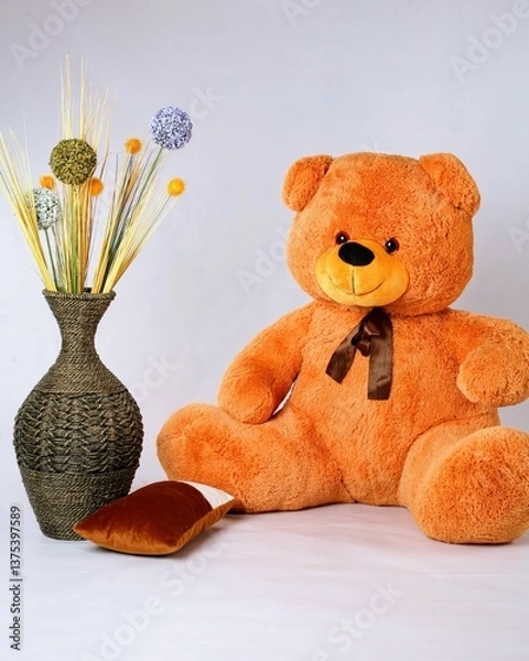 Fototapeta On a white background, there is a beautiful big orange bear, and next to it is a vase with flowers in the shape of a sphere.