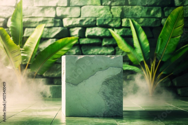 Fototapeta A square stone block sits on a green tiled floor, surrounded by tropical plants. A textured stone wall serves as the background, with mist rising around the scene.