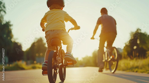 Fototapeta Golden Hour Ride: A heartwarming scene of a child and father enjoying a leisurely bicycle ride during the golden hour. Capturing the beauty of family time, exploration.