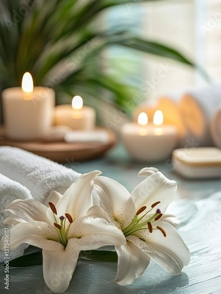Fototapeta White Lily Blooms with Candles and Towels for Spa Wellness