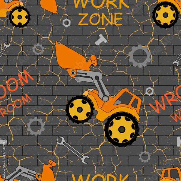 Fototapeta A playful construction pattern featuring vibrant bulldozers, nuts, and cracks on gray bricks
