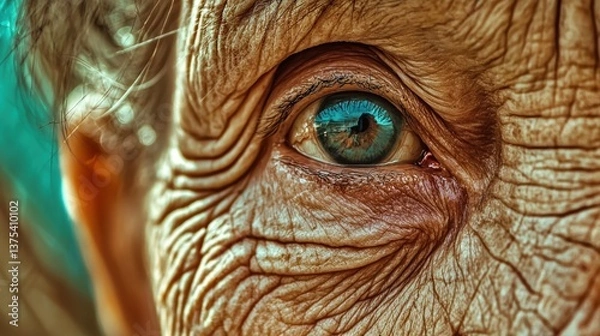 Fototapeta Close-up of an aged human eye, showing wrinkles and skin texture.