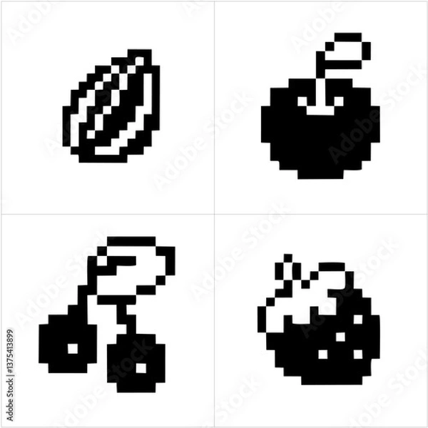 Obraz Fruit pixel set isolated on white background. Vector pixel art illustration in 8-bit old style.