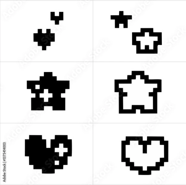 Obraz Heart and star icon in pixel. Vector illustration isolated in white background. Cute element for graphic design