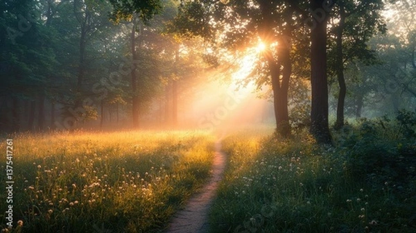 Fototapeta Forest at sunset rays illuminate serene pathway in twilight concept. A serene morning scene with sunlight filtering through trees.