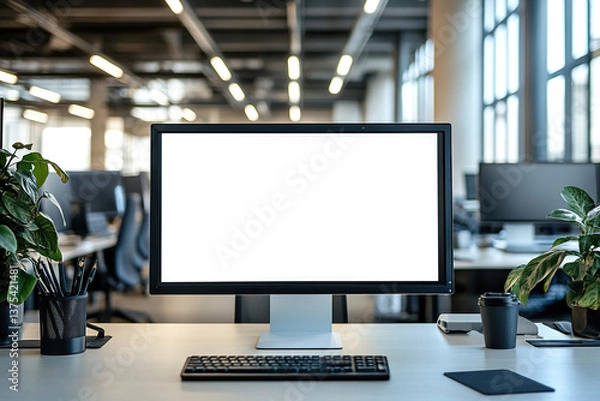 Fototapeta Modern office workspace with blank white computer screen on the table.