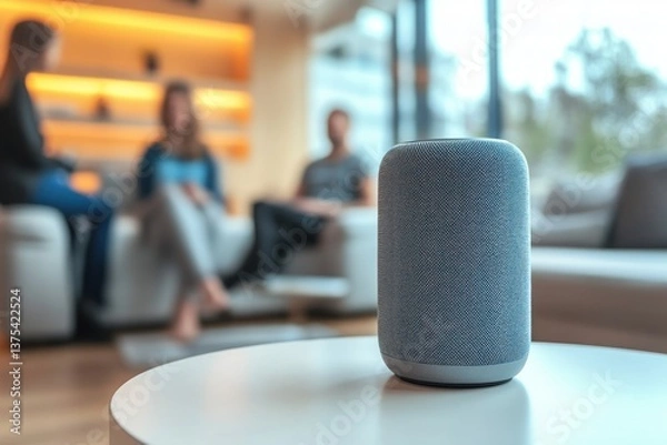 Fototapeta Smart Speaker Conversing with a Couple in a Modern Living Room