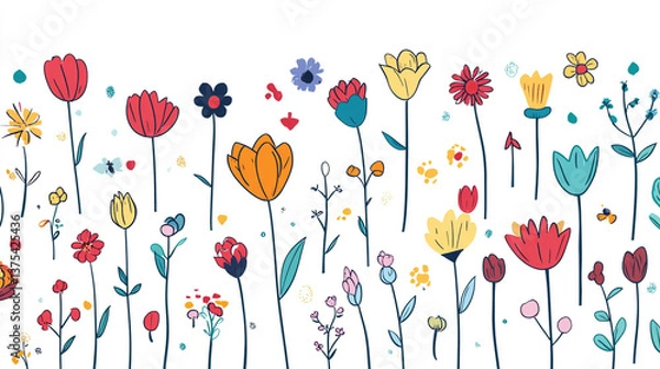 Fototapeta Simple and cute cartoon flower pattern, with colorful pastel colors on a white background. Minimalist in style, featuring simple line art and flat illustration.