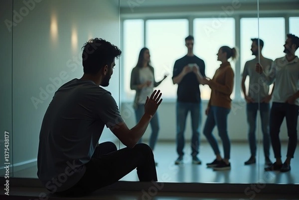 Fototapeta A person sits alone on one side of a glass wall, their hand pressed against it. On the other side, a group of friends is laughing and talking