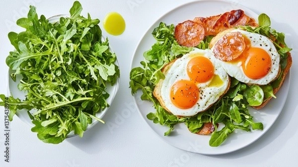 Fototapeta A vibrant plate featuring two sunny-side-up eggs on toast, accompanied by a fresh arugula salad, garnished with a drizzle of olive oil.